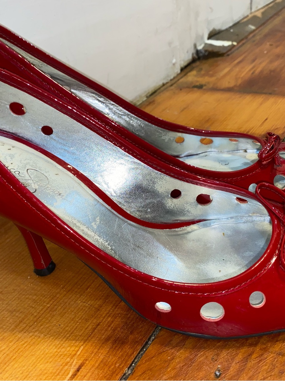 Red Patent Pumps with Polka Cutouts